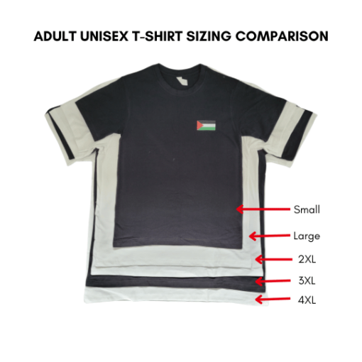 Free Gaza Sydney - Adult Unisex T-Shirt Size Comparison