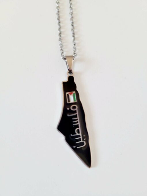 Palestine Necklace Silver - Black Palestine Country with Arabic Writing & Flag